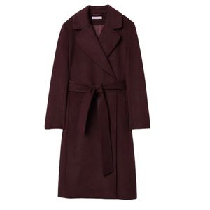 H&M Burgundy Wool Blend Belted Coat Full Length with Snap Button Closure Size 0